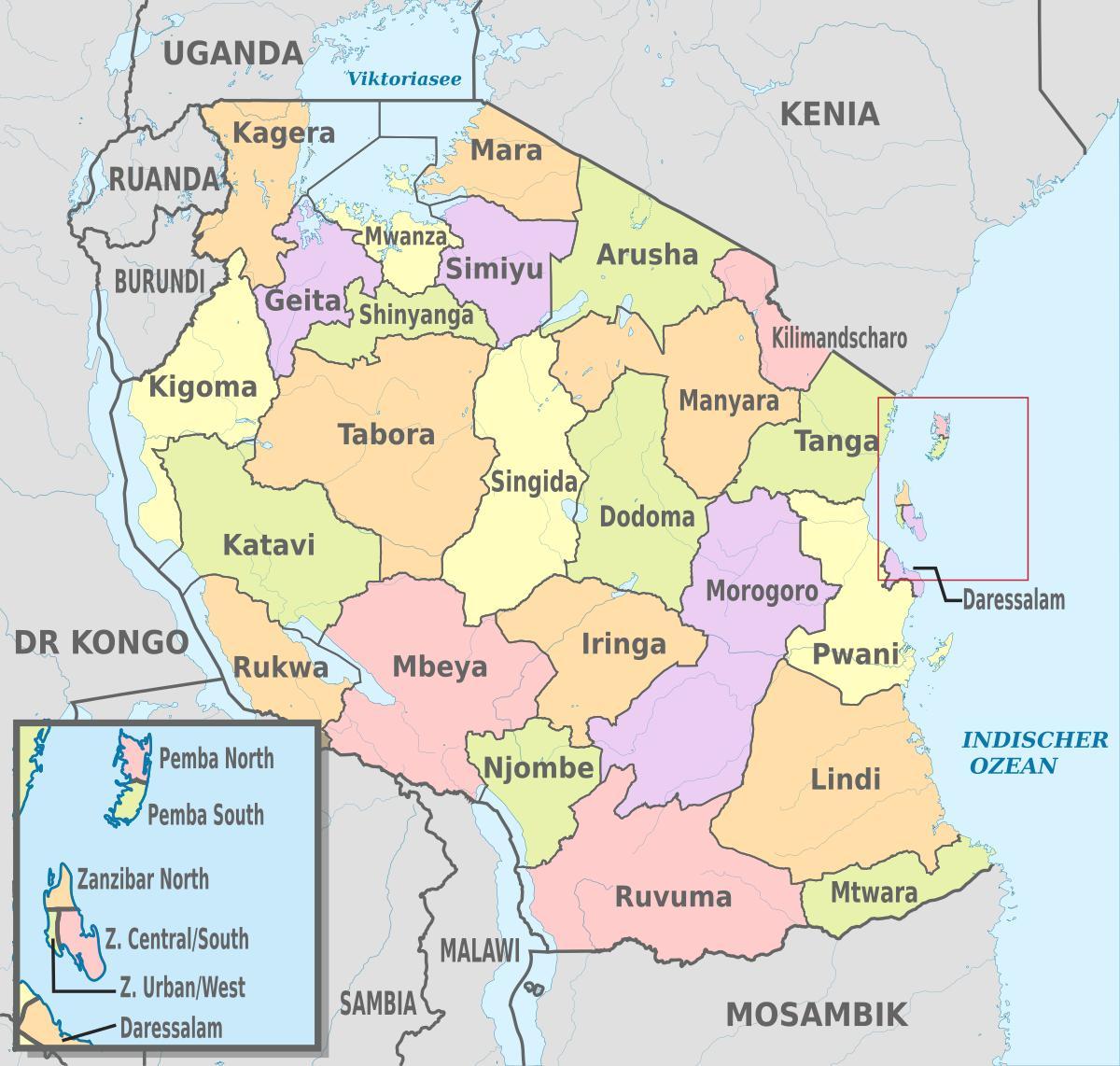 Karte von Tansania mit Regionen und Bezirke