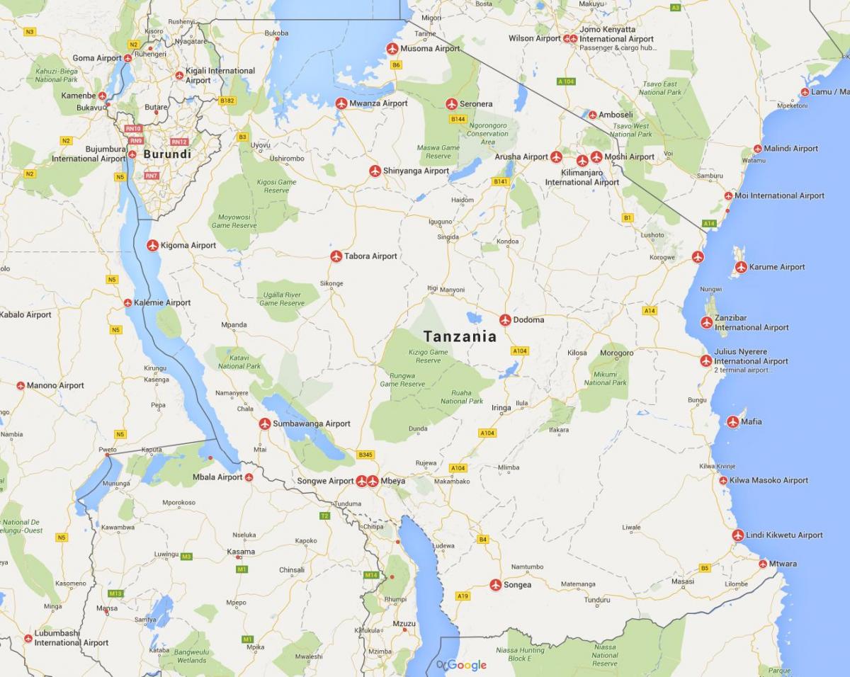 Karte der Flughäfen in Tansania 