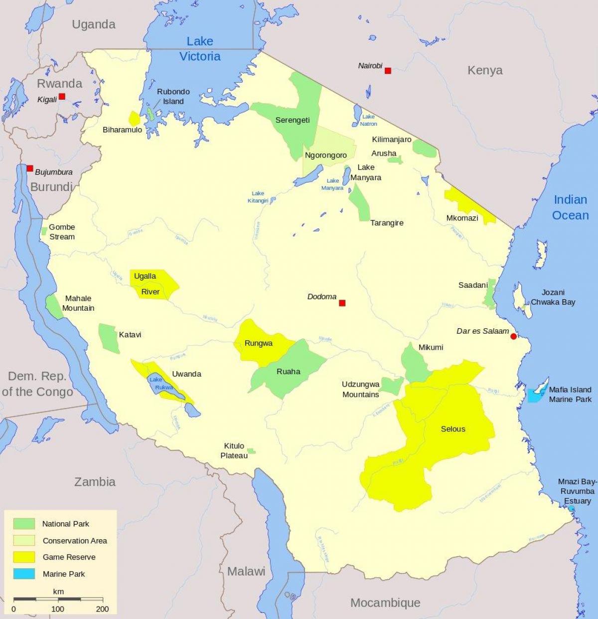 Landkarte von tanzania national parks und game reserves