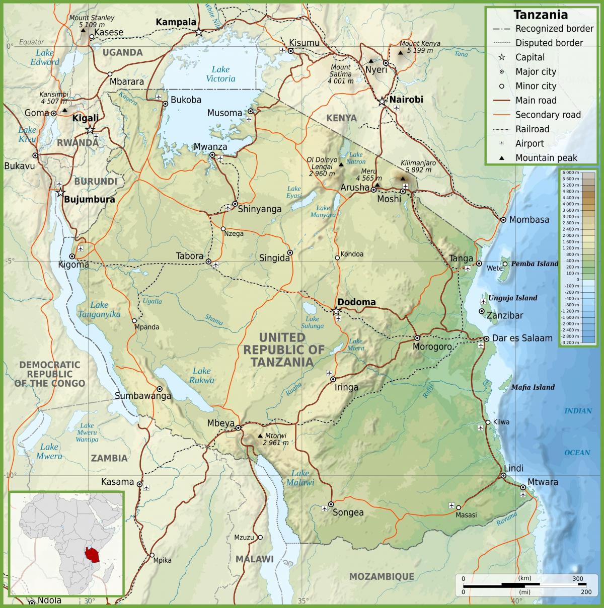 Tansania Straßenkarte, mit Kilometer