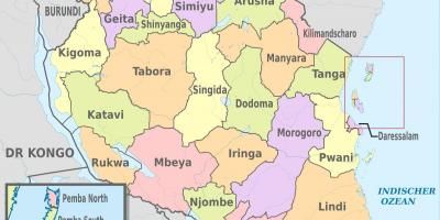 Tansania Landkarte mit den neuen Regionen